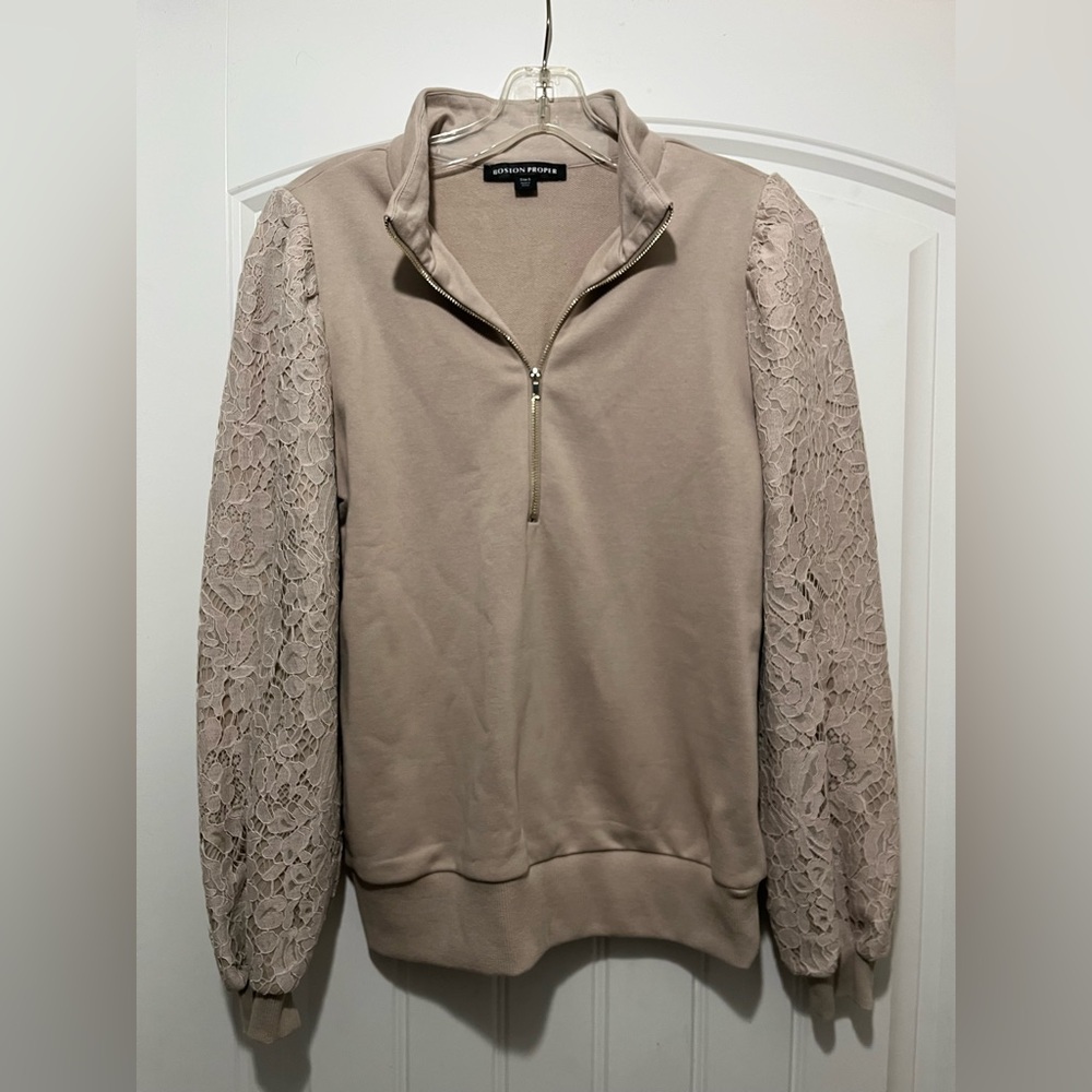 Boston Proper Women's Beige Lace Sleeve Quarter Zip Pullover